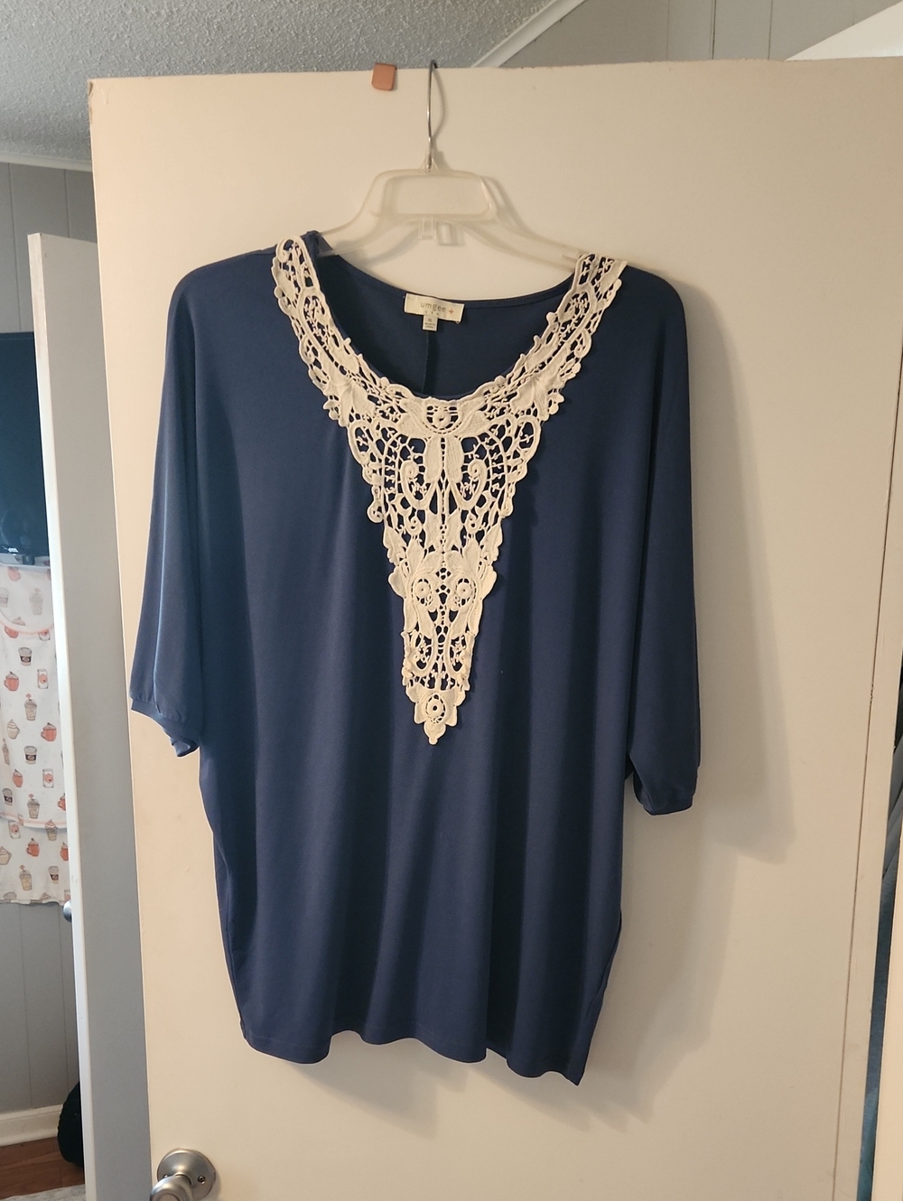 Umgee Navy Top with Cream Crochet V-Neck